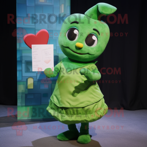 Green Love Letter mascot costume character dressed with a Midi Dress and Gloves