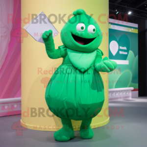 Green Love Letter mascot costume character dressed with a Midi Dress and Gloves