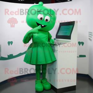 Green Love Letter mascot costume character dressed with a Midi Dress and Gloves