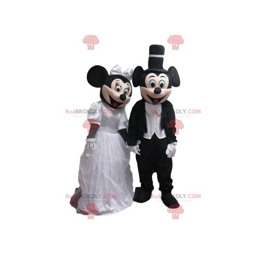 A dupla de mascotes Mickey e Minnie em trajes de casamento -