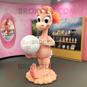 Peach Sea Horse mascot costume character dressed with a Ball Gown and Keychains