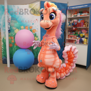 Peach Sea Horse mascot costume character dressed with a Ball Gown and Keychains