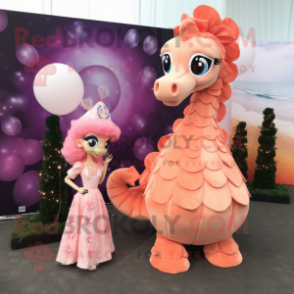 Peach Sea Horse mascot costume character dressed with a Ball Gown and Keychains