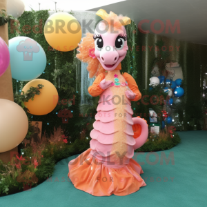 Peach Sea Horse mascot costume character dressed with a Ball Gown and Keychains