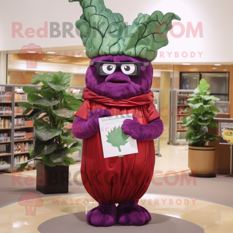 Maroon Cabbage mascot costume character dressed with a Sheath Dress and Reading glasses