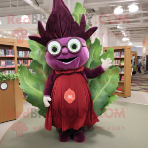 Maroon Cabbage mascot costume character dressed with a Sheath Dress and Reading glasses