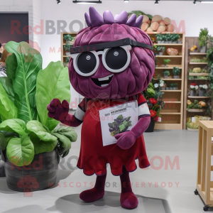 Maroon Cabbage mascot costume character dressed with a Sheath Dress and Reading glasses