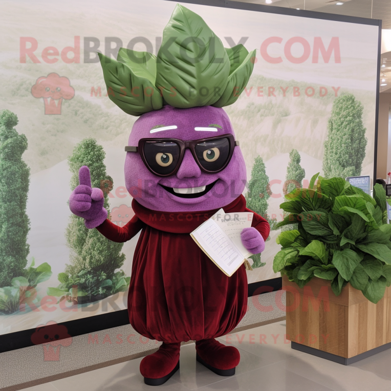 Maroon Cabbage mascot costume character dressed with a Sheath Dress and Reading glasses