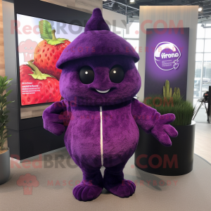Purple Raspberry mascot costume character dressed with a Cover-up and Berets
