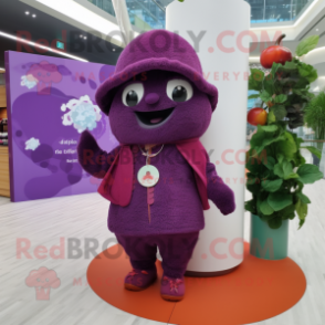 Purple Raspberry mascot costume character dressed with a Cover-up and Berets
