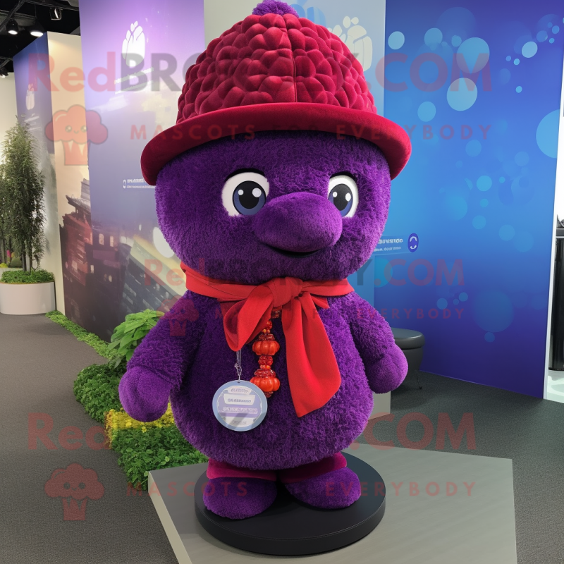 Purple Raspberry mascot costume character dressed with a Cover-up and Berets Purple Raspberry mascot costume character dressed with a Cover-up and Berets