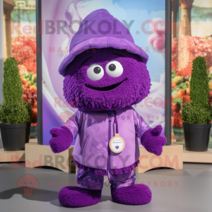 Purple Raspberry mascot costume character dressed with a Cover-up and Berets