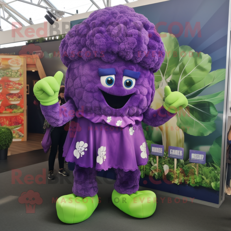 Purple Broccoli mascot costume character dressed with a A-Line Dress and Earrings Purple Broccoli mascot costume character dressed with a A-Line Dress and Earrings