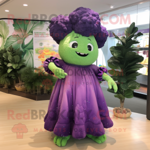 Purple Broccoli mascot costume character dressed with a A-Line Dress and Earrings