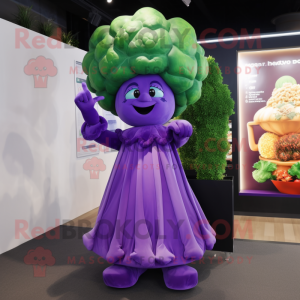 Purple Broccoli mascot costume character dressed with a A-Line Dress and Earrings