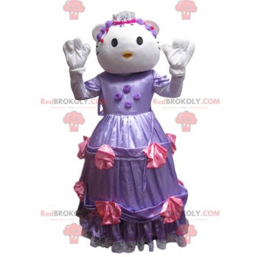 Mascotte Hello Kitty met een paarse satijnen jurk -