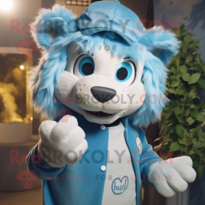 Sky Blue Lion maskot drakt figur kledd med kjeledress og luer