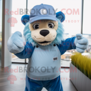 Sky Blue Lion mascot costume character dressed with a Overalls and Beanies