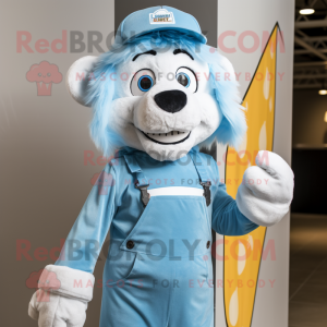 Sky Blue Lion mascot costume character dressed with a Overalls and Beanies