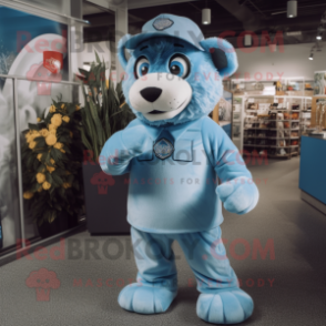 Sky Blue Lion mascot costume character dressed with a Overalls and Beanies