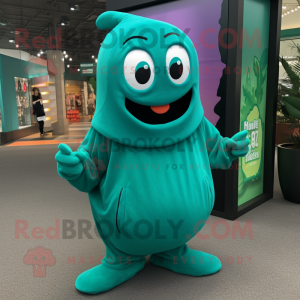 Teal Green Bean mascot costume character dressed with a Hoodie and Keychains