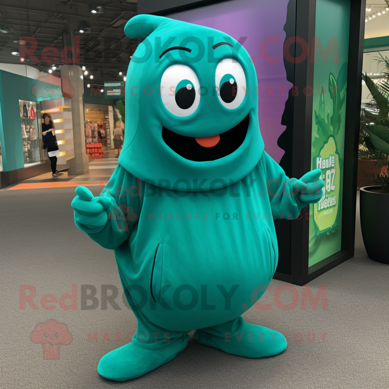 Teal Green Bean mascot costume character dressed with a Hoodie and Keychains