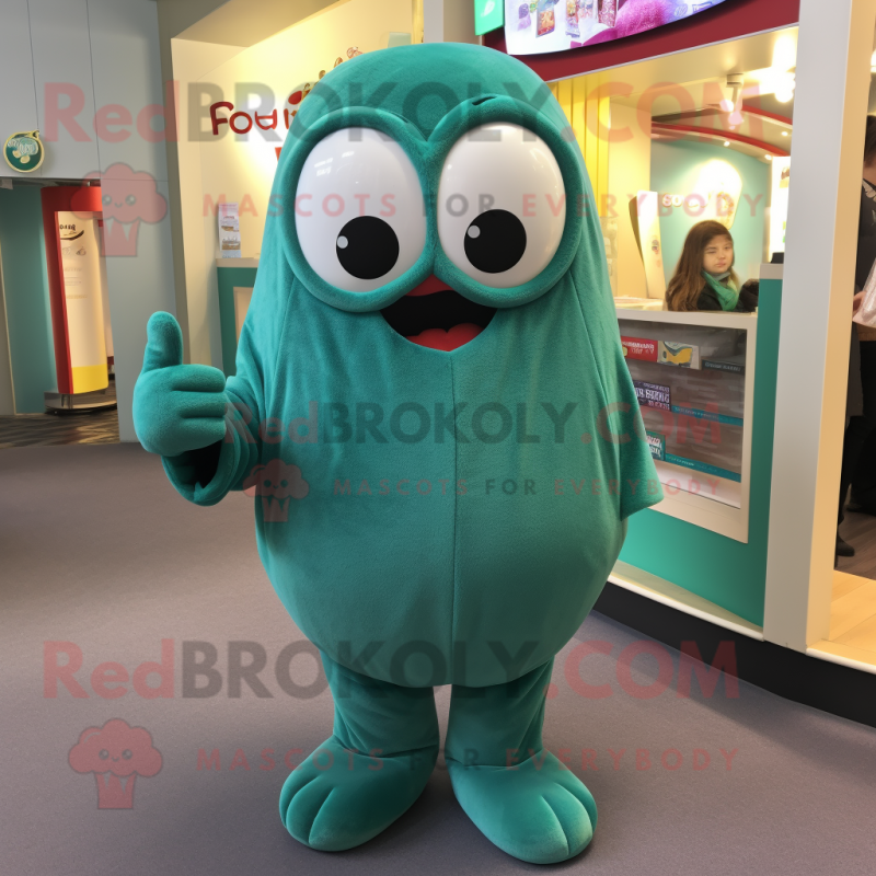 Teal Green Bean mascot costume character dressed with a Hoodie and Keychains