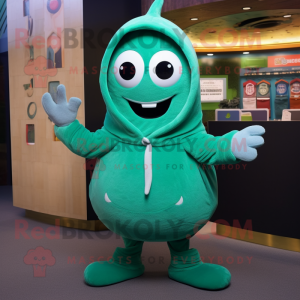 Teal Green Bean maskot drakt figur kledd med hettegenser og nøkkelringer