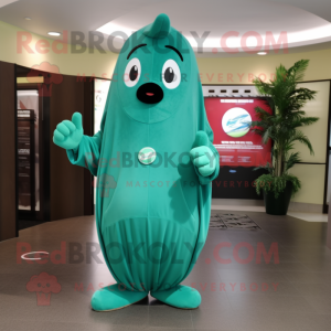 Teal Green Bean mascot costume character dressed with a Hoodie and Keychains