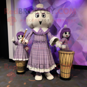 Personaje de disfraz de mascota Lavender Bagpipe vestido con un vestido de línea A y monederos