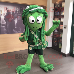 Forest Green Medusa mascot costume character dressed with a Rugby Shirt and Scarf clips