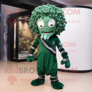 Forest Green Medusa mascot costume character dressed with a Rugby Shirt and Scarf clips