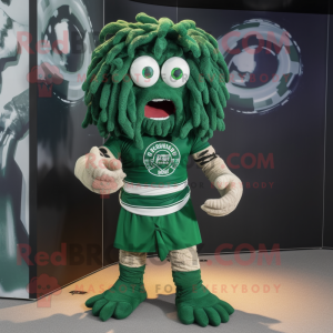 Forest Green Medusa maskot drakt figur kledd med en Rugbyskjorte og skjerfklemmer
