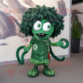 Forest Green Medusa mascot costume character dressed with a Rugby Shirt and Scarf clips