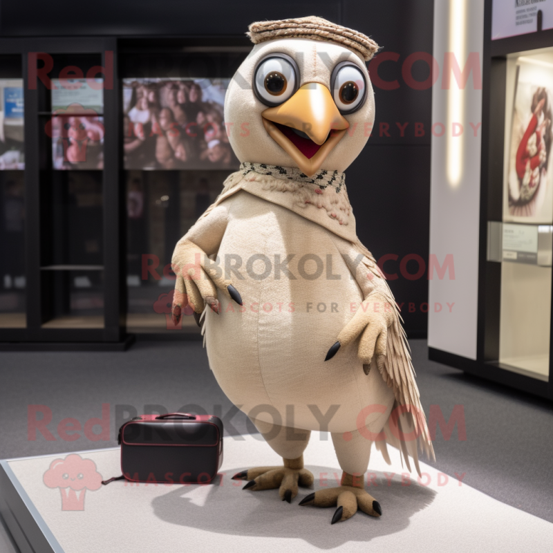 Beige Pheasant mascot costume character dressed with a Turtleneck and Coin purses Beige Pheasant mascot costume character dressed with a Turtleneck and Coin purses