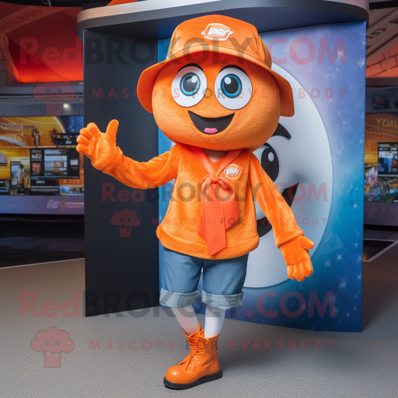 Orange Momentum mascot costume character dressed with a Blouse and Caps Orange Momentum mascot costume character dressed with a Blouse and Caps