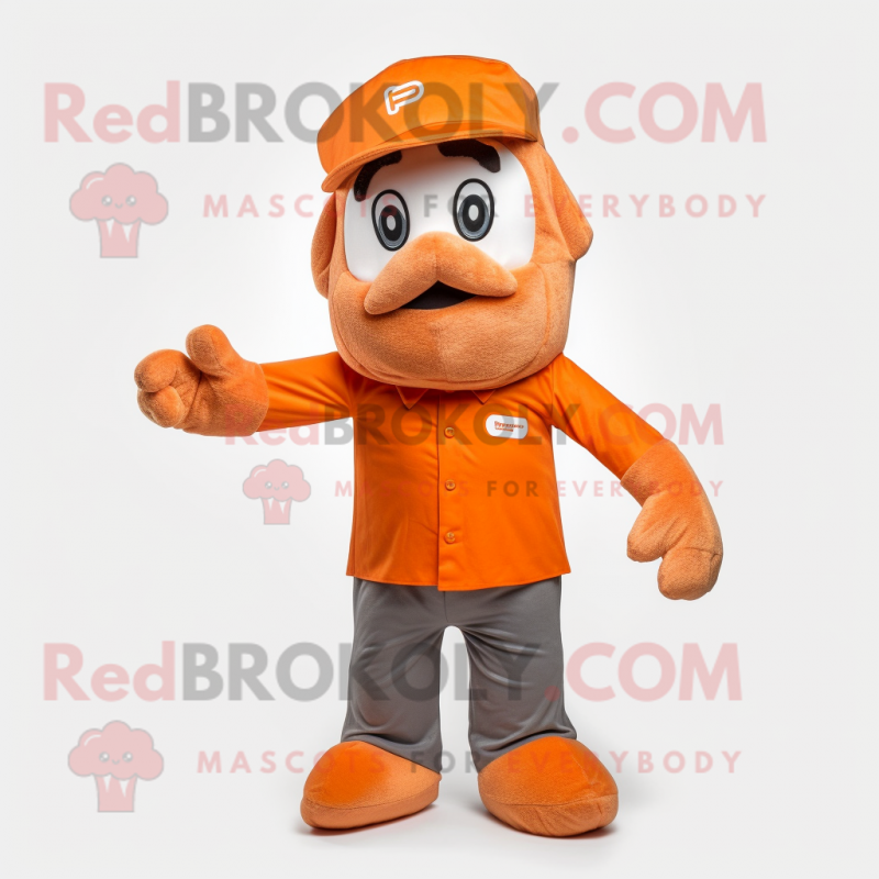 Orange Momentum mascot costume character dressed with a Blouse and Caps Orange Momentum mascot costume character dressed with a Blouse and Caps
