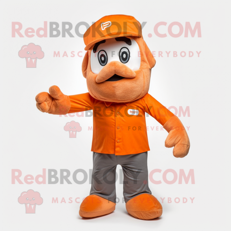 Orange Momentum mascot costume character dressed with a Blouse and Caps