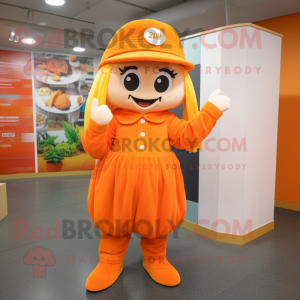 Orange Momentum mascot costume character dressed with a Blouse and Caps