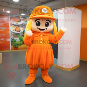Orange Momentum mascot costume character dressed with a Blouse and Caps