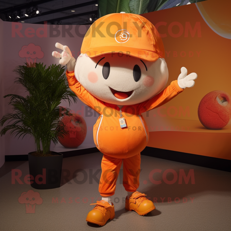 Orange Momentum mascot costume character dressed with a Blouse and Caps Orange Momentum mascot costume character dressed with a Blouse and Caps
