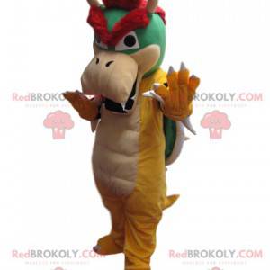 Mascota del dragón amarillo y verde con una cáscara verde -