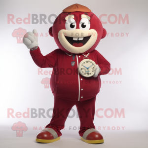 Maroon Television mascot costume character dressed with a Chinos and Bracelet watches
