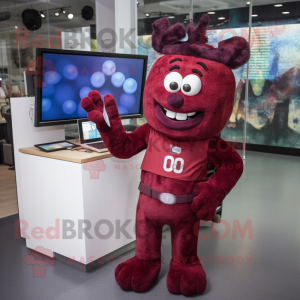 Maroon Television mascot costume character dressed with a Chinos and Bracelet watches