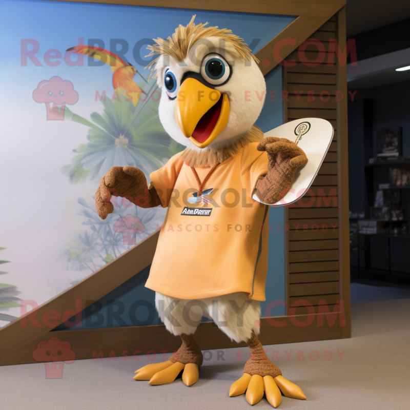 Tan Parrot mascot costume character dressed with a Board Shorts and Rings