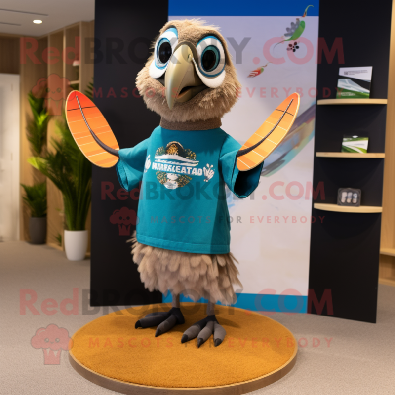 Tan Parrot mascot costume character dressed with a Board Shorts and Rings