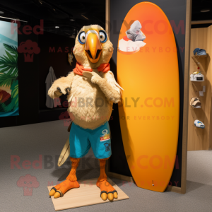 Tan Parrot mascot costume character dressed with a Board Shorts and Rings