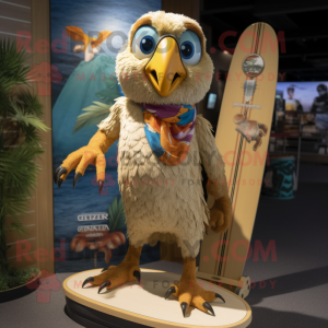 Tan Parrot mascot costume character dressed with a Board Shorts and Rings
