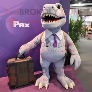Lavender T Rex mascot costume character dressed with a Shorts and Briefcases