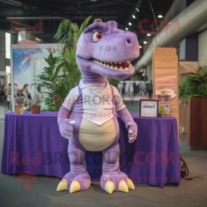 Lavender T Rex mascot costume character dressed with a Shorts and Briefcases